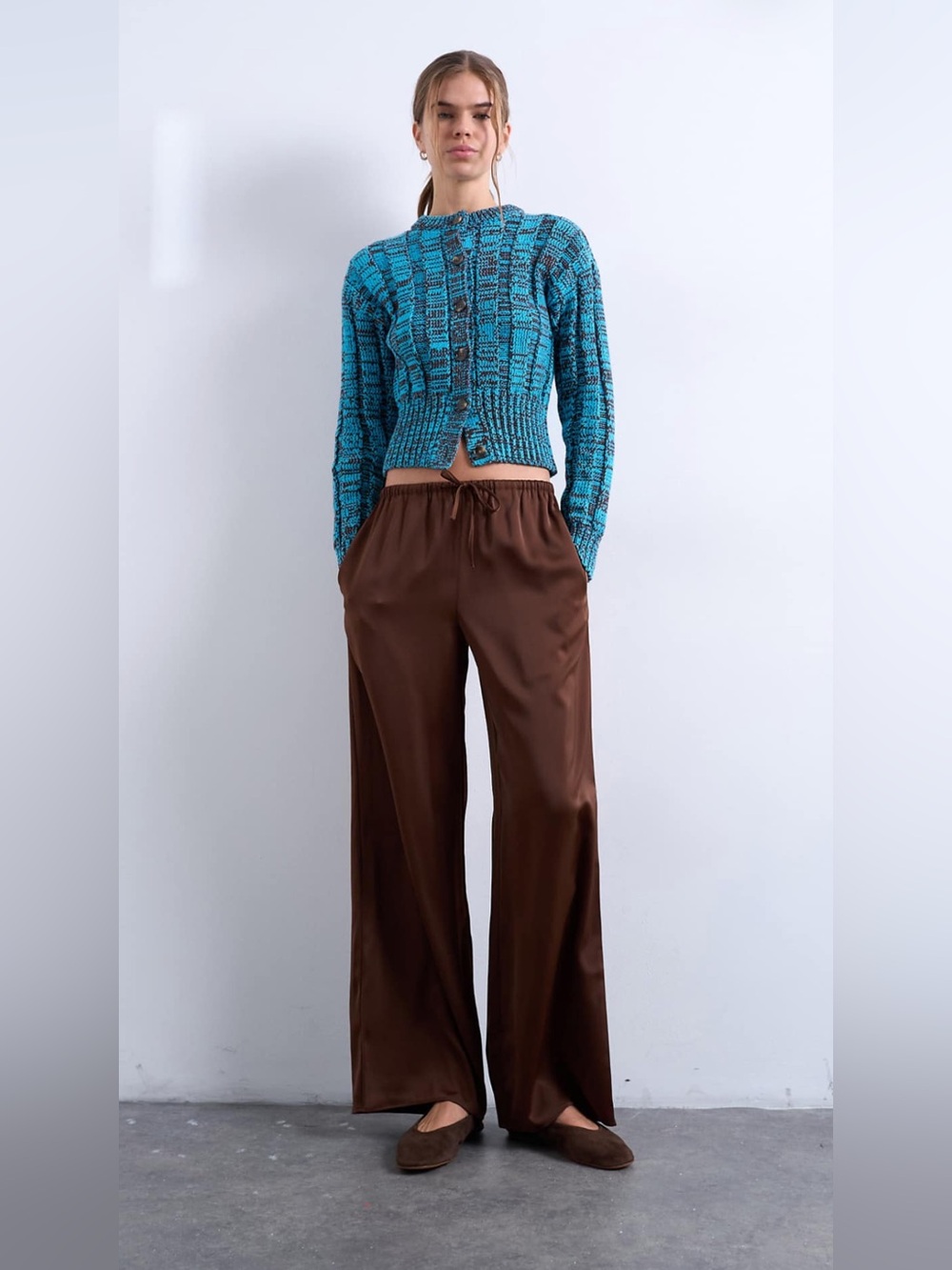 Topshop Brown Satin Wide-Leg Drawstring Pants